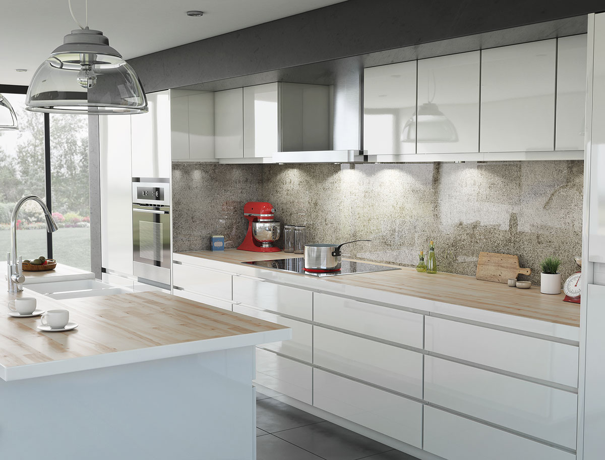 Objects in Glass Kitchen splashback Grey Fleck Interior 3D CGI Render