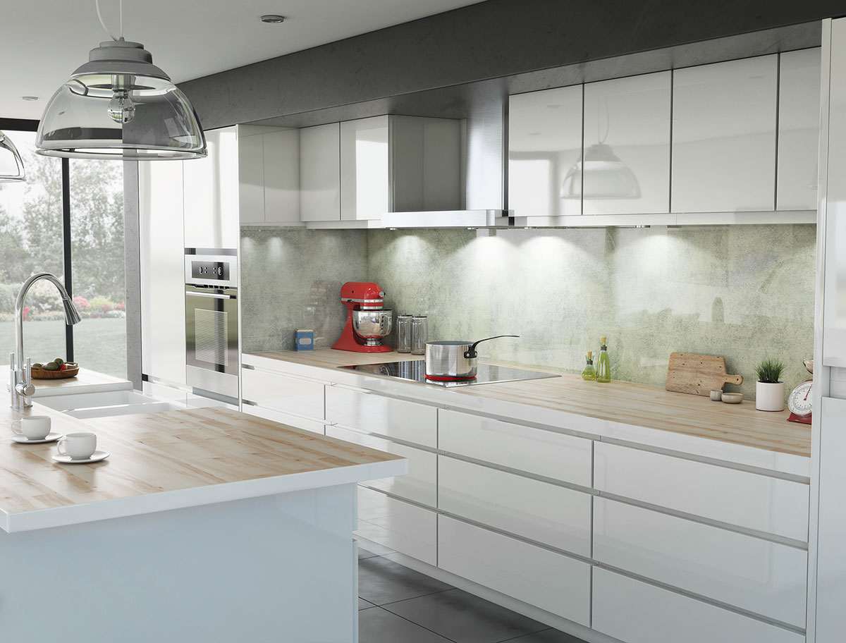 Objects in Glass Kitchen splashback Grey Polished Interior 3D CGI Render