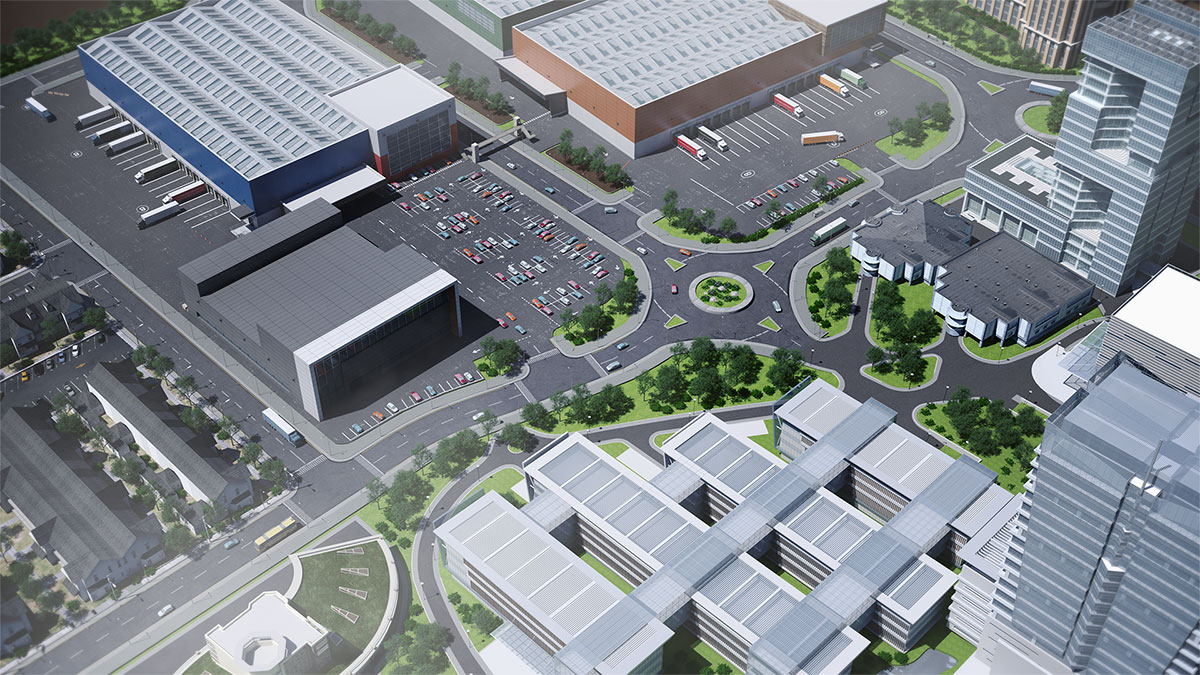 Telensa City Office Industry aerial view 3D CGI Render