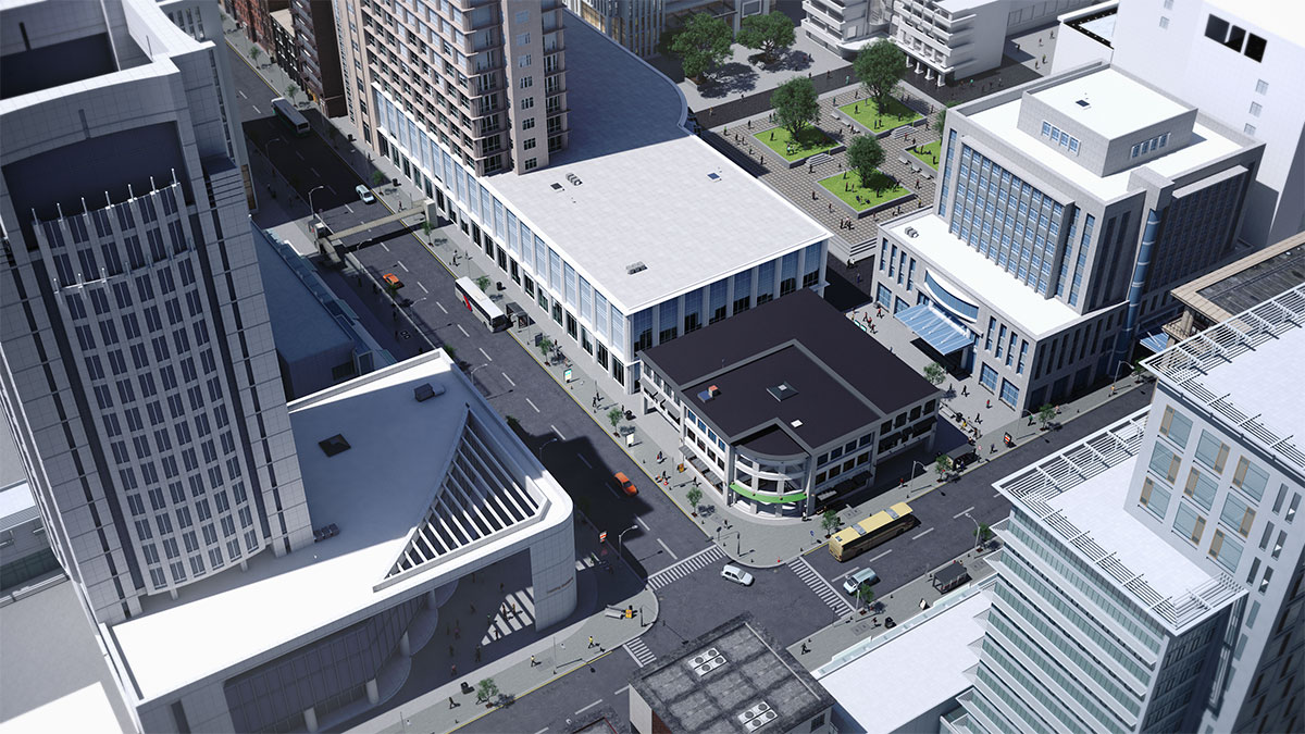 Telensa City Retail aerial view 3D CGI Render